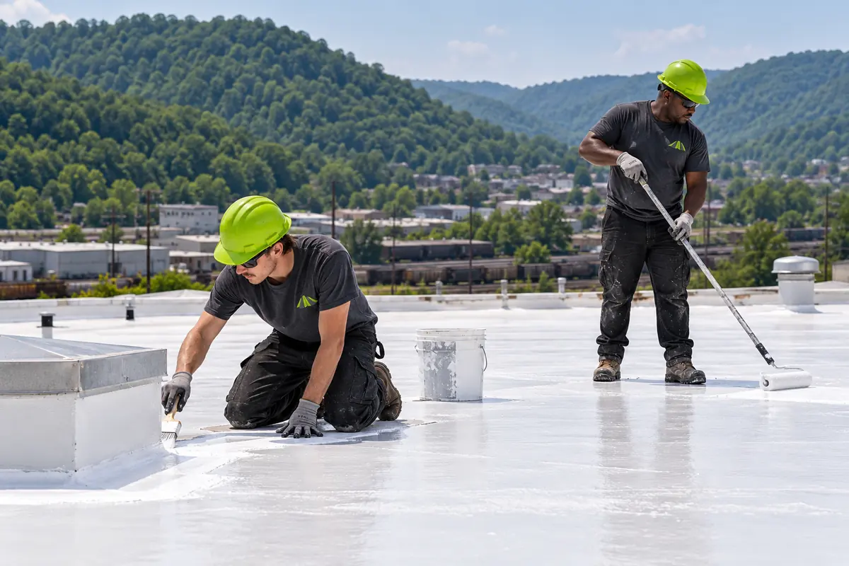 Roofer brushing acrylic coating into a curb seam on a white roof