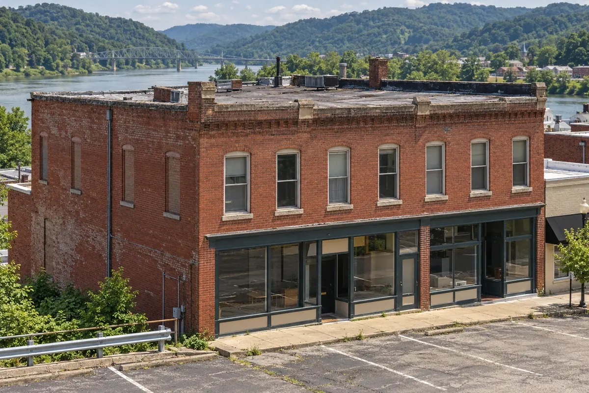 Two-story brick commercial building in a river town