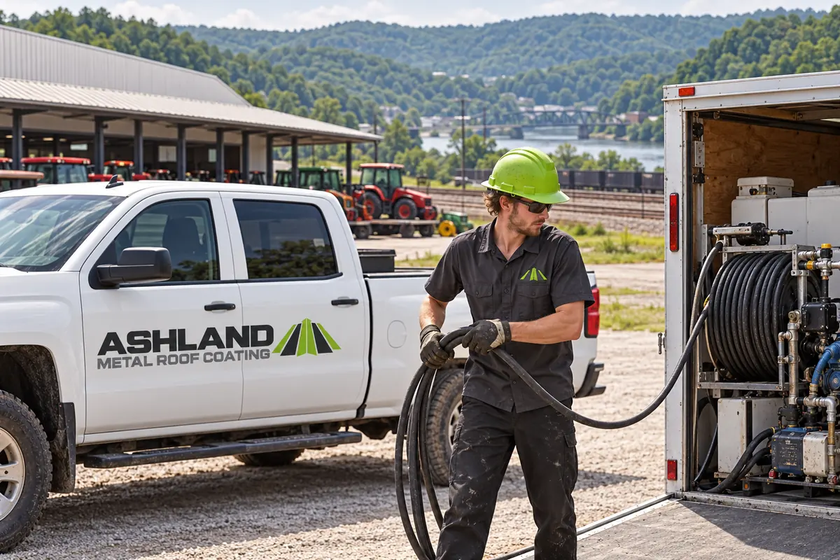 Worker pulling a pressure washer hose from a trailer