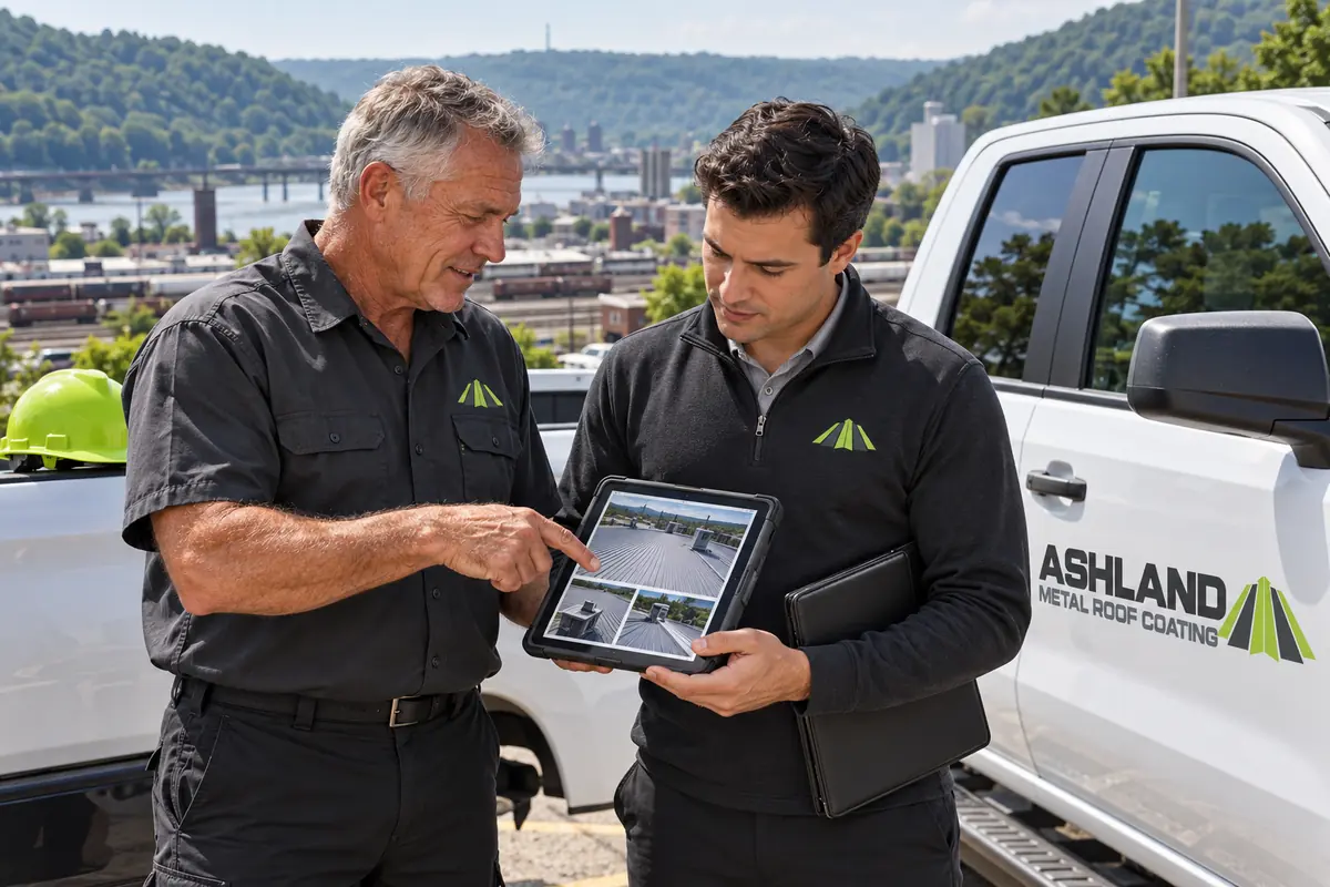 Crew lead and building manager reviewing roof photos on a tablet beside a work truck