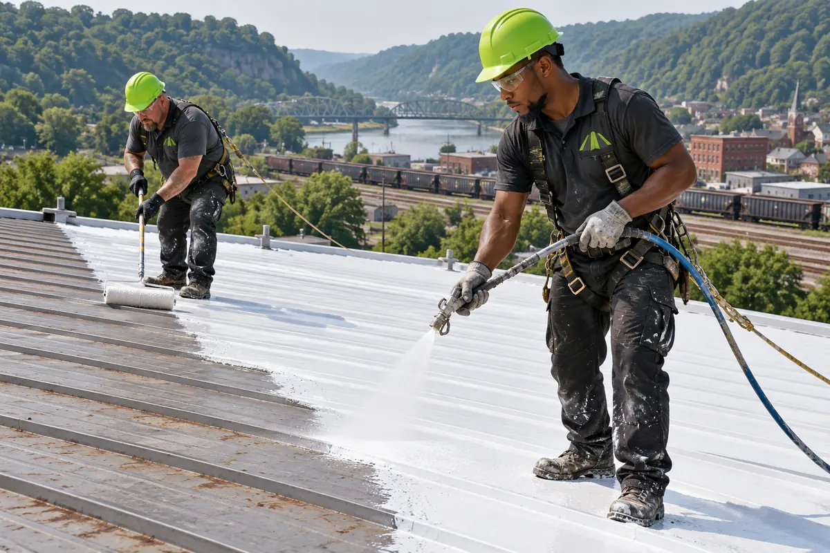 Crew in logo uniforms spraying white coating over a ribbed metal roof above the Ohio River in Ashland, KY