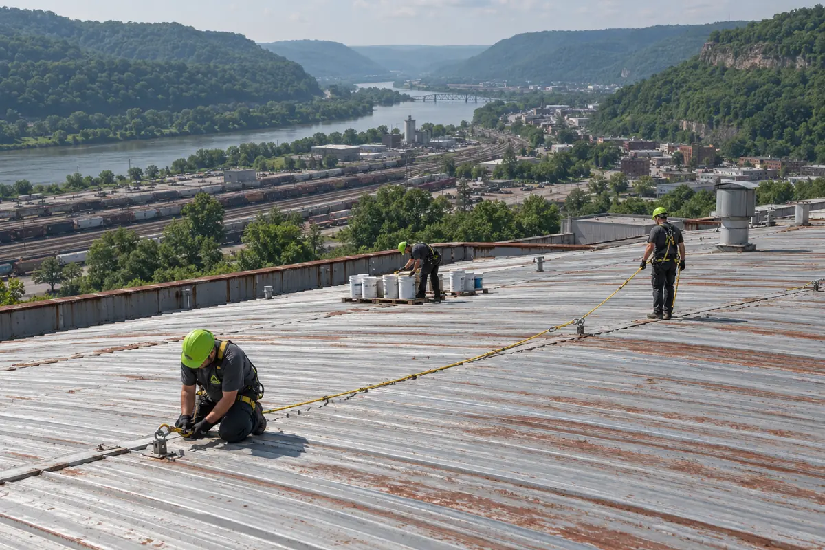 Crew staging gear on a metal roof during an inspection visit