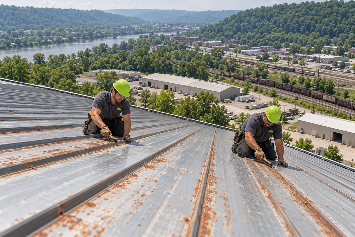 Two roofers wire brushing rusted laps on a ribbed metal roof
