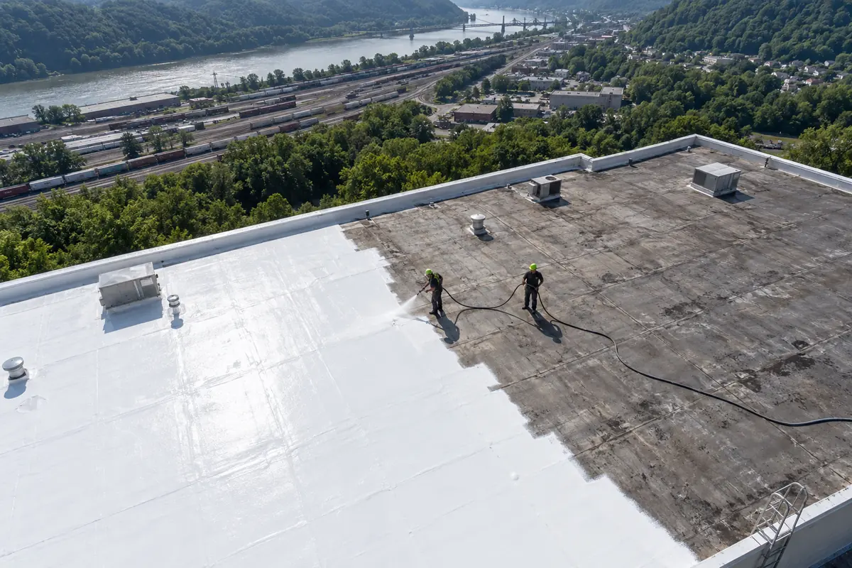 Aerial of a low-slope roof partly covered in bright silicone coating