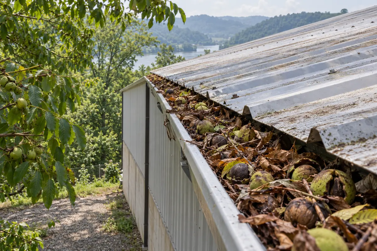 Leaf-packed gutter on the edge of a metal building