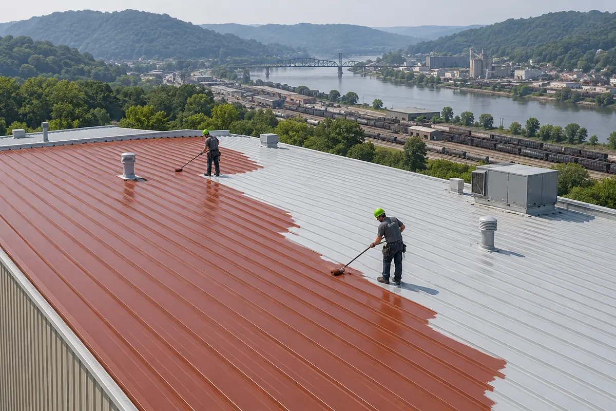 Aerial view of a red metal roof half coated in white over an Ashland warehouse