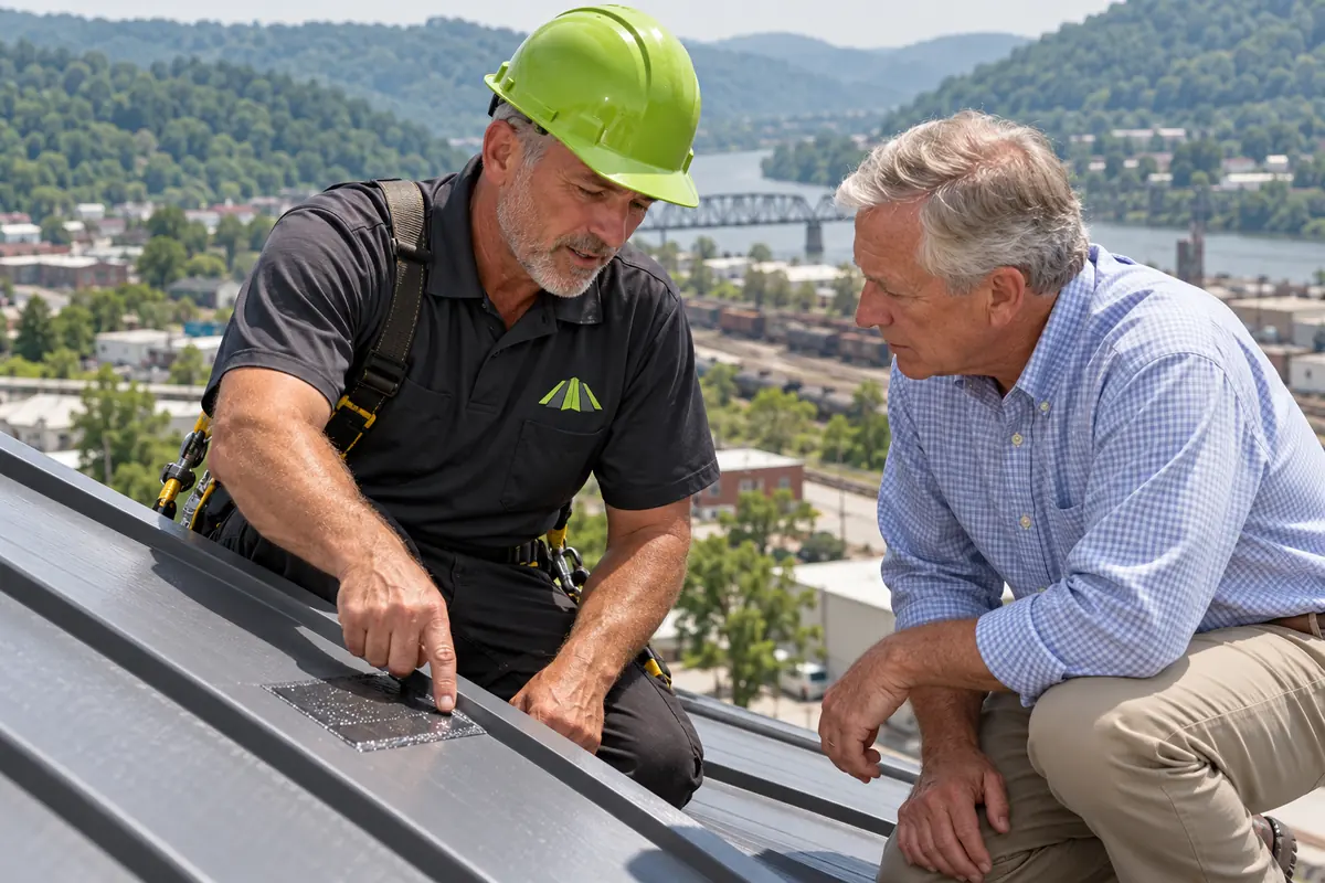 Roofer pointing out a panel seam on a metal canopy roof to the owner