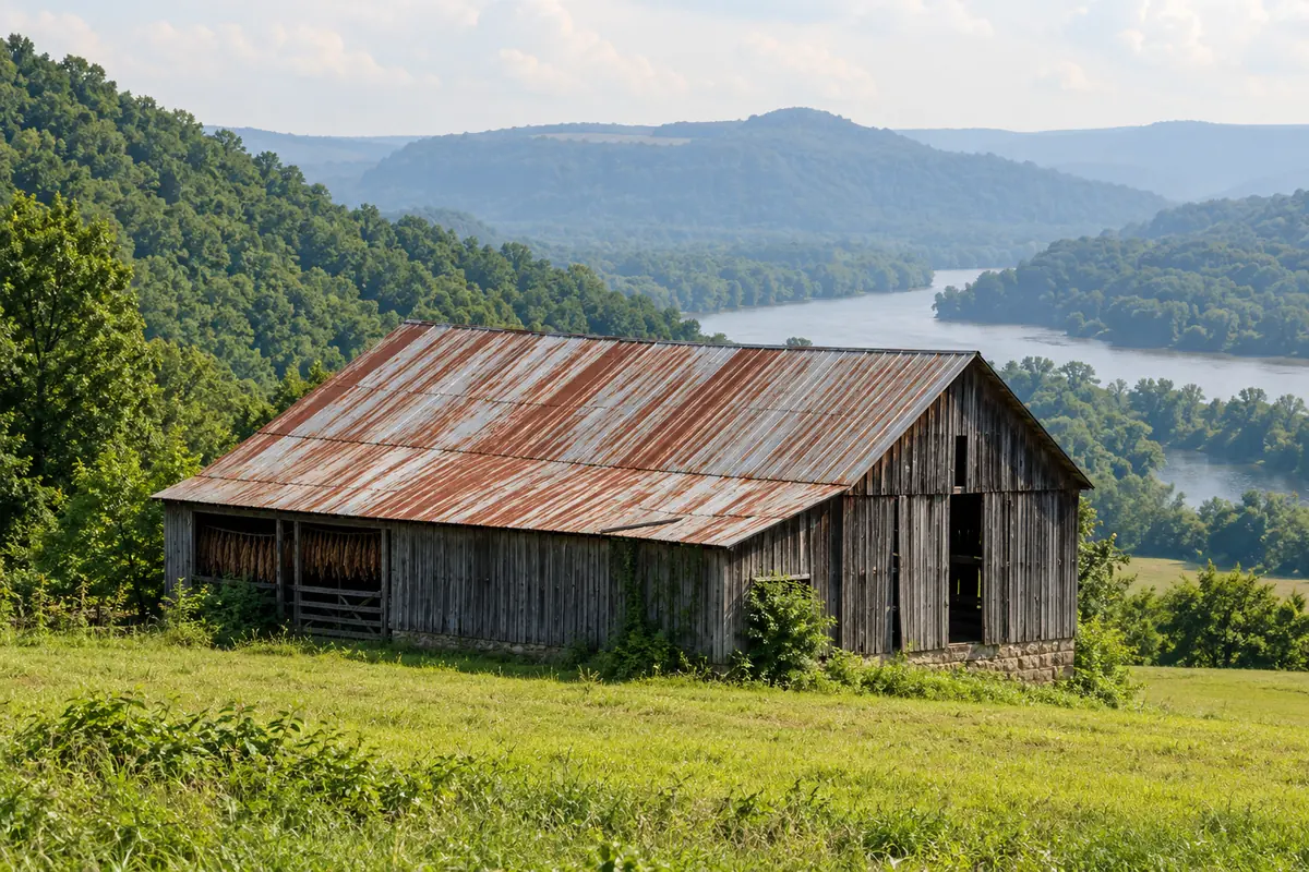 Rusted metal barn roof in rolling country