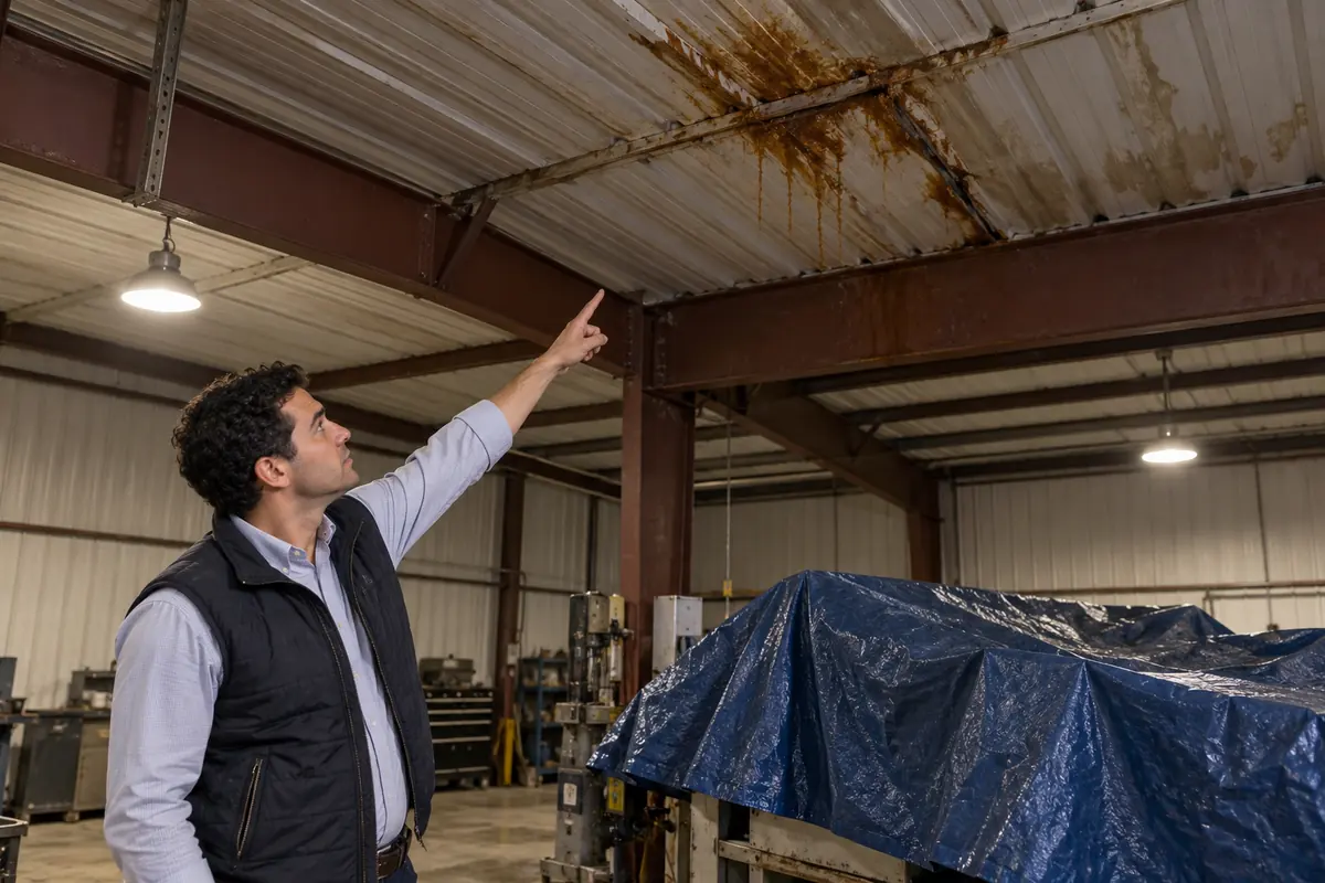 Building manager pointing at rust stains on the underside of a shop’s metal roof