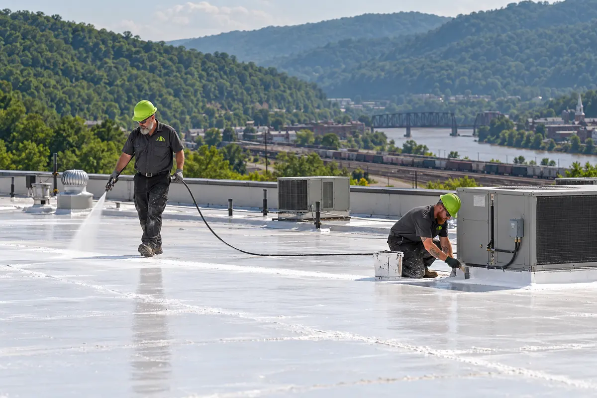 Roofer applying silicone around a rooftop unit