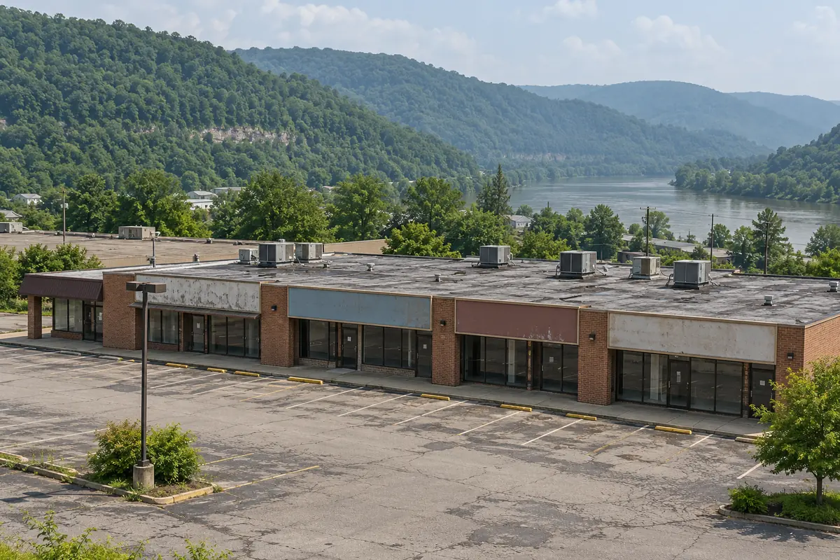Strip of retail storefronts under one long roofline